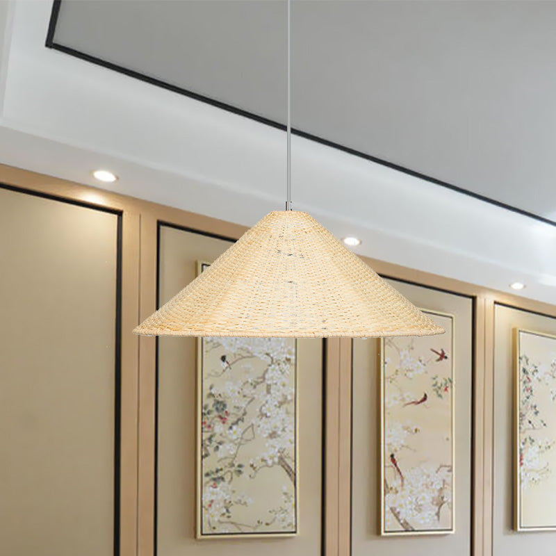 Chinese Bamboo Hanging Light Bulb: Hand-Woven Beige Suspension Fixture