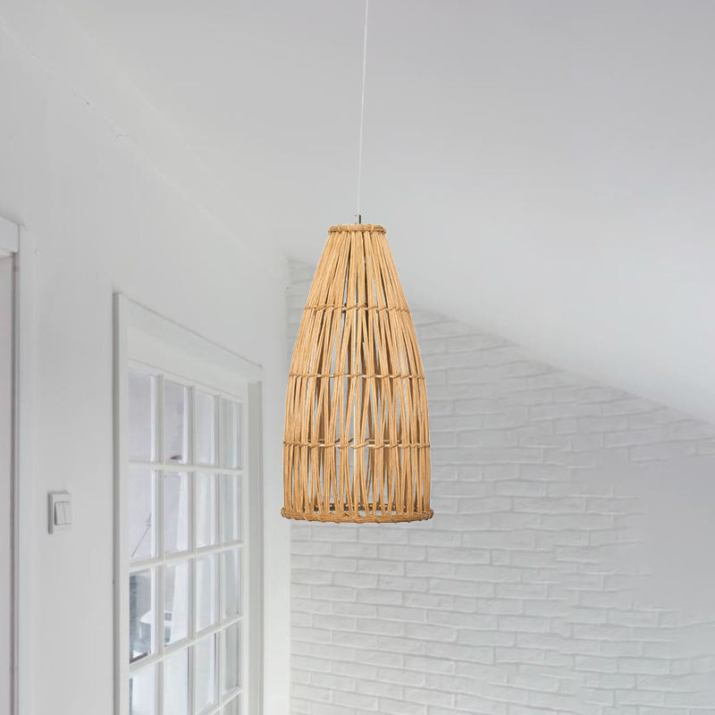 Chinese Bamboo Basket Hanging Pendant Light - Khaki Ceiling Lamp For Dining Room With 1 Bulb