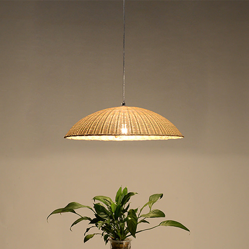 Asian Bamboo Domed Ceiling Lamp - 1 Head Flaxen Pendant Light For Living Room
