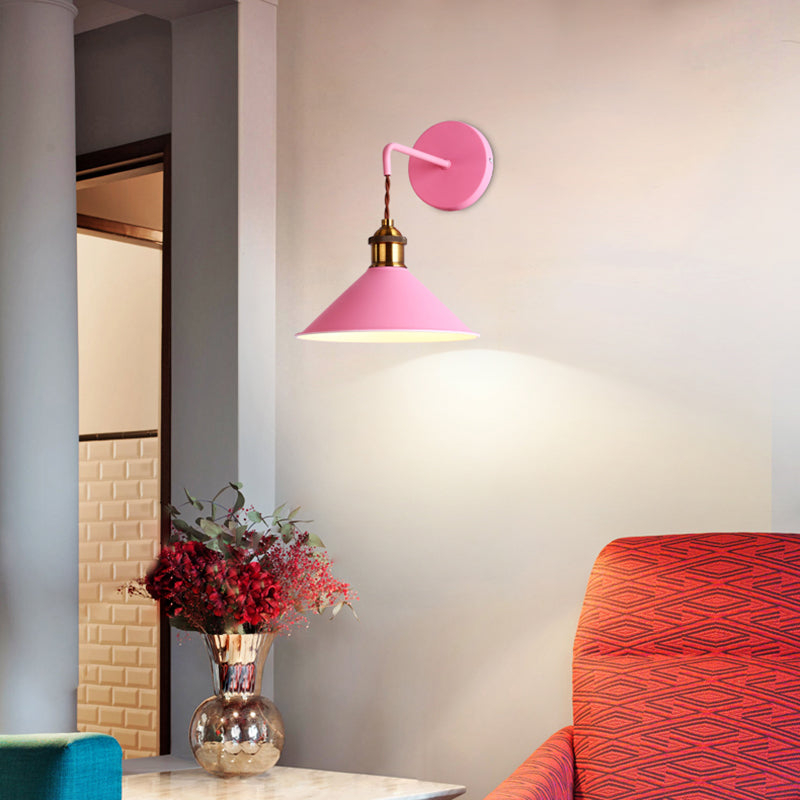 Modern Metal Cone Wall Light With Straight Arm For Hallway - Gray/Pink/Yellow/Green Pink