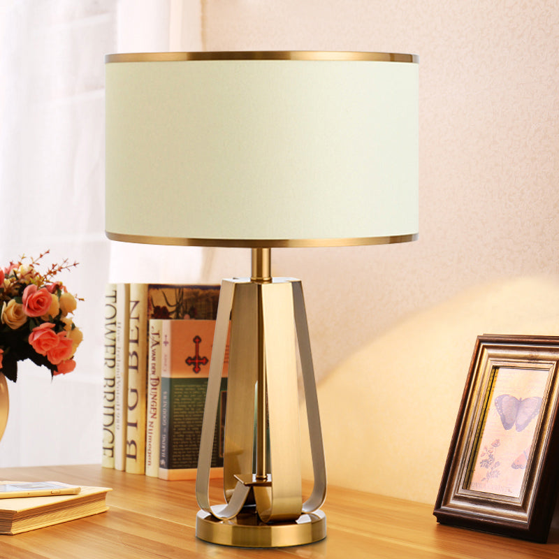 Modernist Gold Drum Table Lamp With Metal Base - Sleek Reading Book Light
