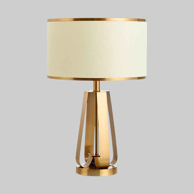 Modernist Gold Drum Table Lamp With Metal Base - Sleek Reading Book Light