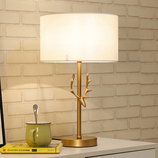 Modern Cylindrical Fabric Desk Light: White Night Table Lamp With Gold Metal Elk Accent