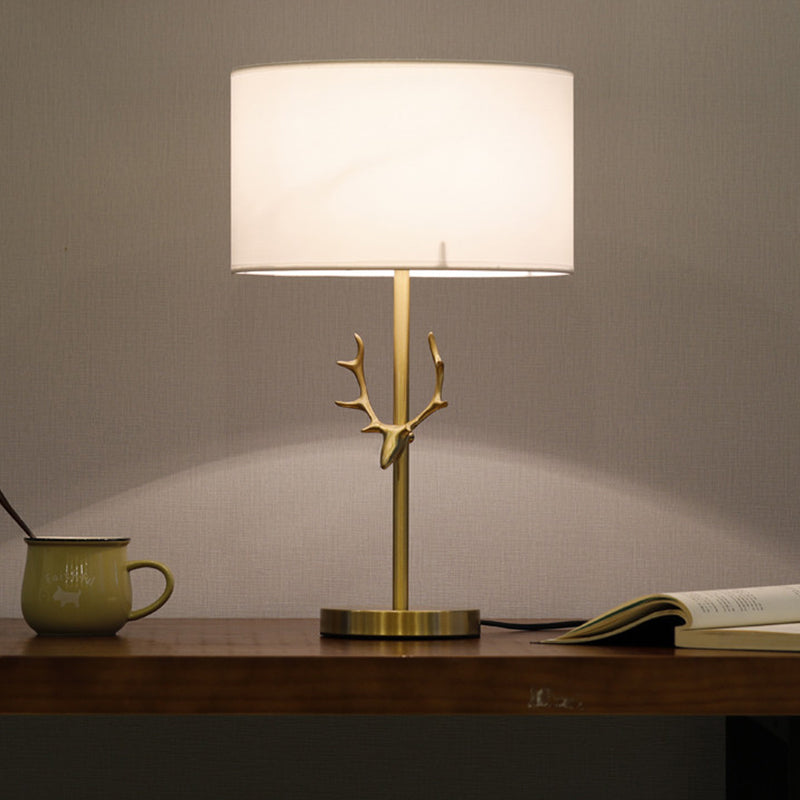Modern Cylindrical Fabric Desk Light: White Night Table Lamp With Gold Metal Elk Accent