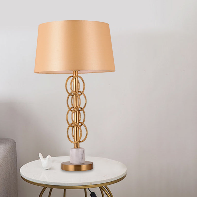 Modern Yellow Barrel Table Light With Metal Circle Base - 1 Bulb Nightstand Lamp