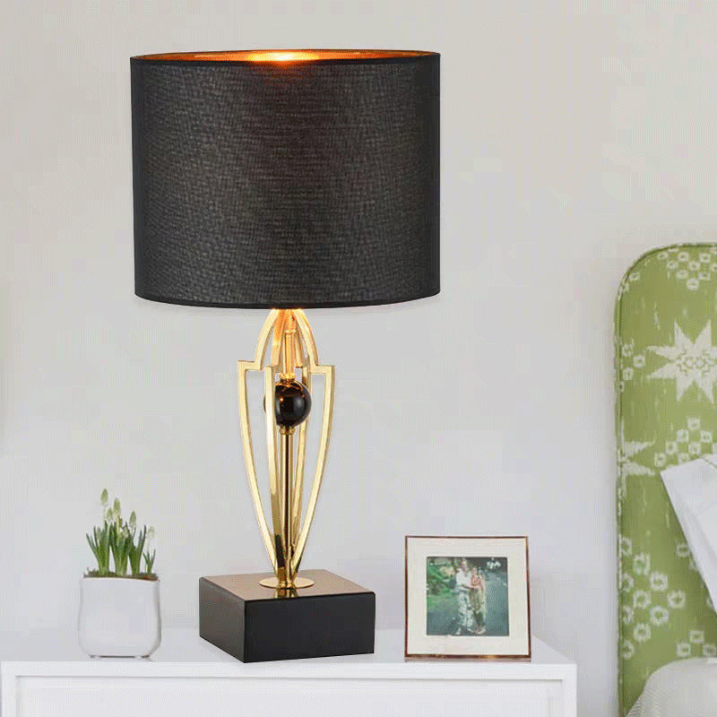 Modernist Small Black Desk Lamp With Marble Base - Fabric Drum Task Light For Efficient Lighting