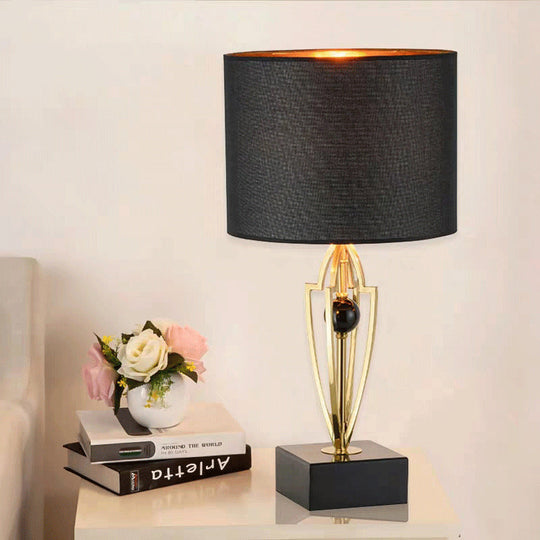 Modernist Small Black Desk Lamp With Marble Base - Fabric Drum Task Light For Efficient Lighting