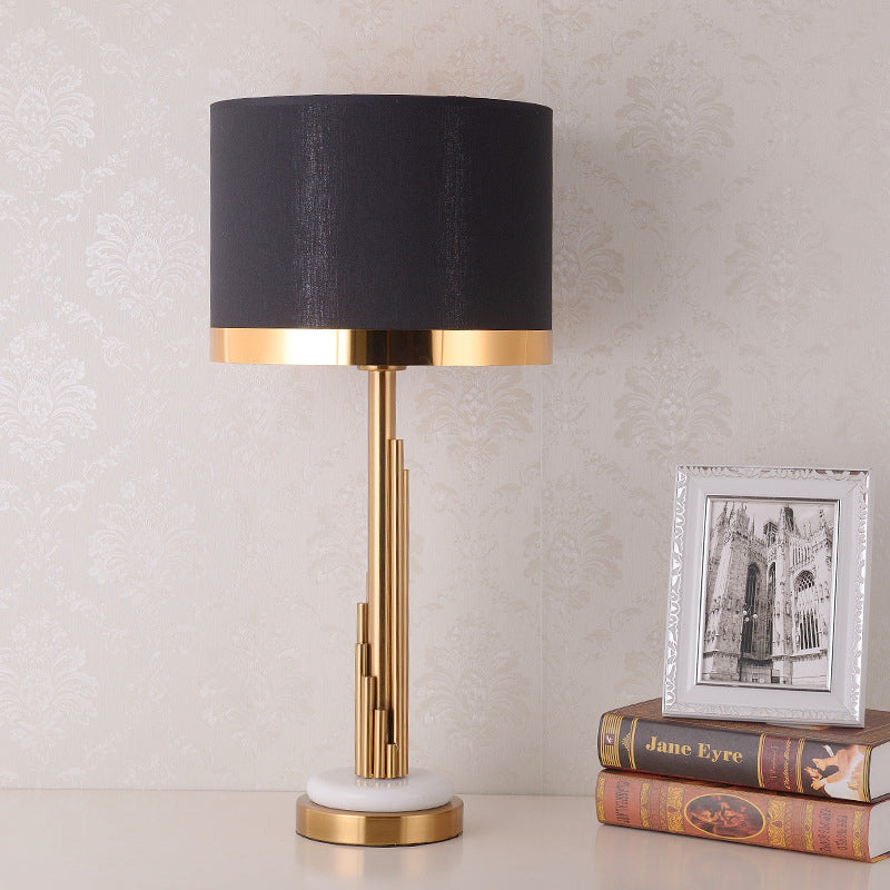Contemporary Gold Cylindrical Night Table Lamp With Black Fabric Shade - 1 Bulb Task Lighting
