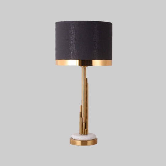 Contemporary Gold Cylindrical Night Table Lamp With Black Fabric Shade - 1 Bulb Task Lighting
