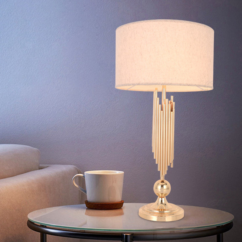 Modern Gold Table Lamp: Straight Sided Fabric Shade & Task Lighting With 1 Bulb