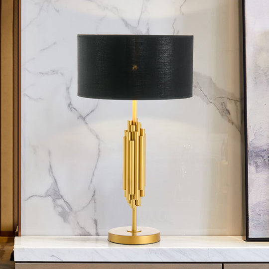 Modern Black & Gold Nightstand Lamp: Shaded Desk Light With Circular Metal Base