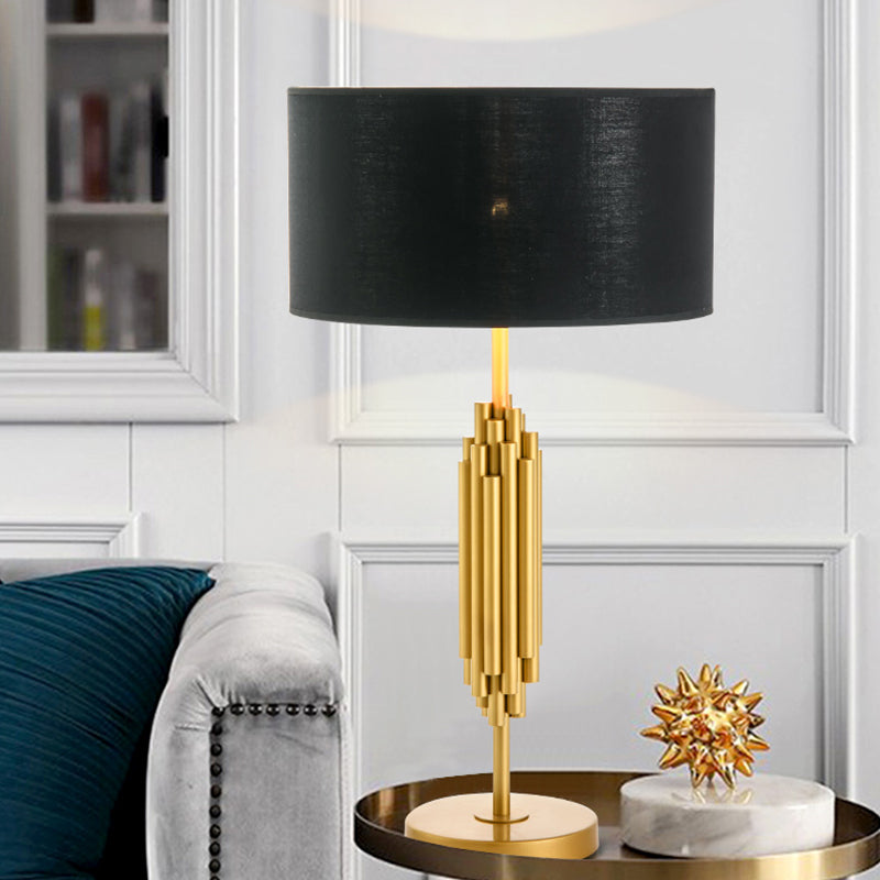 Modern Black & Gold Nightstand Lamp: Shaded Desk Light With Circular Metal Base