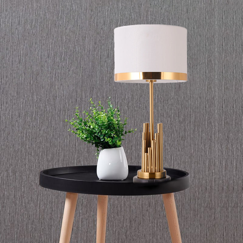Modern Gold Desk Lamp With Cylinder Fabric Shade - Small Size Perfect For Bedroom Task Lighting!