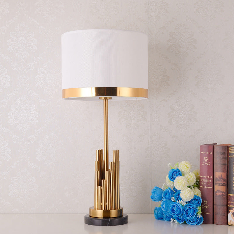 Modern Gold Desk Lamp With Cylinder Fabric Shade - Small Size Perfect For Bedroom Task Lighting!
