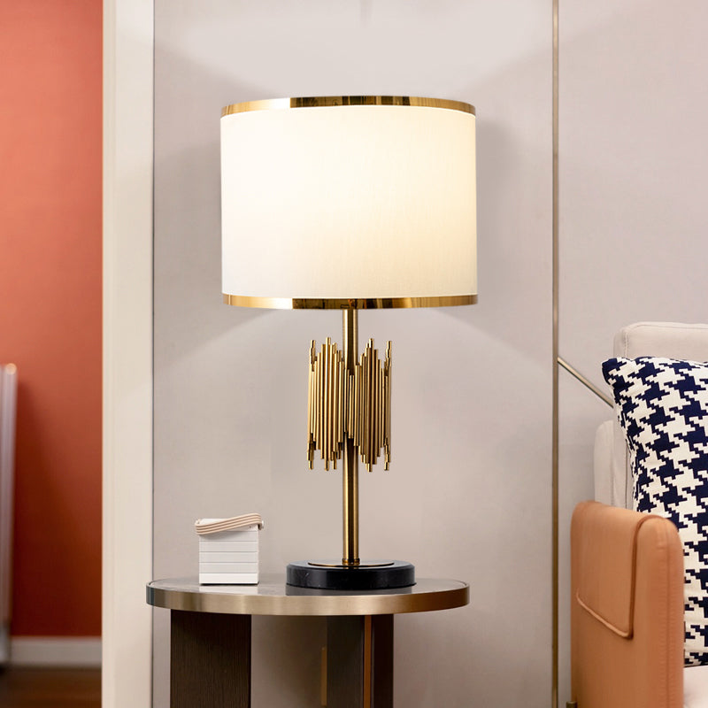 Modern White Desk Lamp With Marble Base - Shaded Table Light Fabric Shade & 1 Bulb