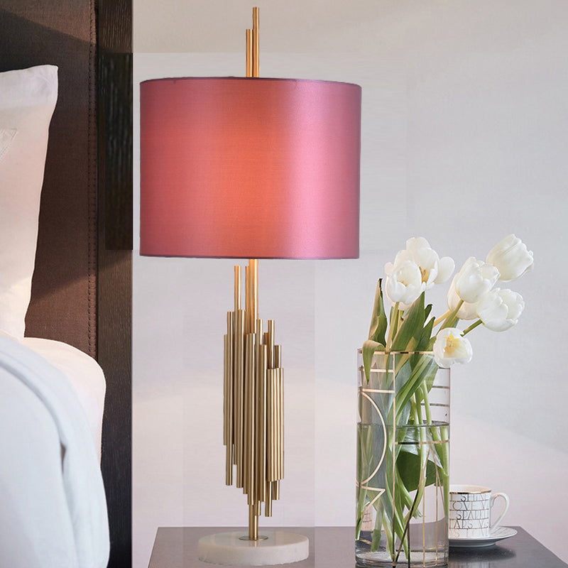 Modern Straight Sided Pink Nightstand Lamp With Fabric Shade & Reading Light