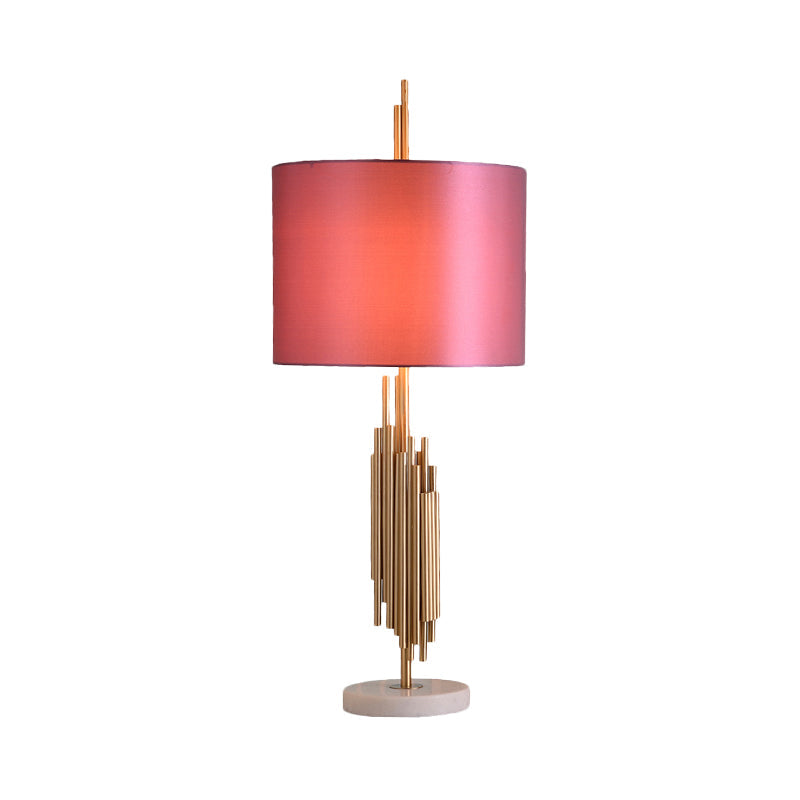 Modern Straight Sided Pink Nightstand Lamp With Fabric Shade & Reading Light