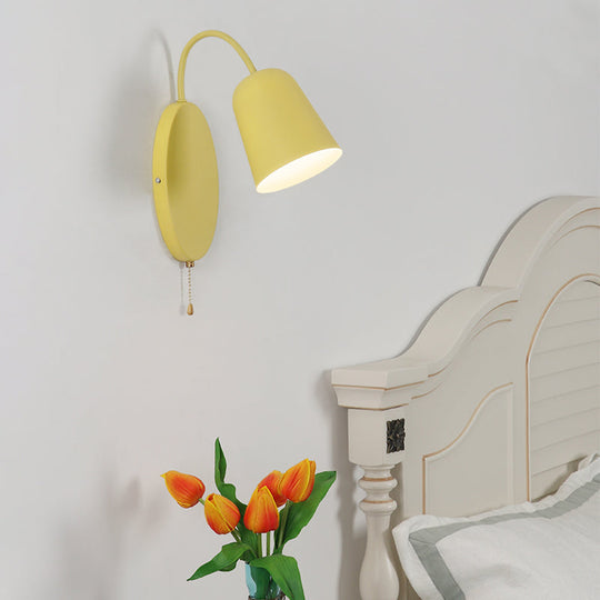 Contemporary Cone Sconce Light Fixture With Metal Shade & Pull Chain In Vibrant Colors Yellow