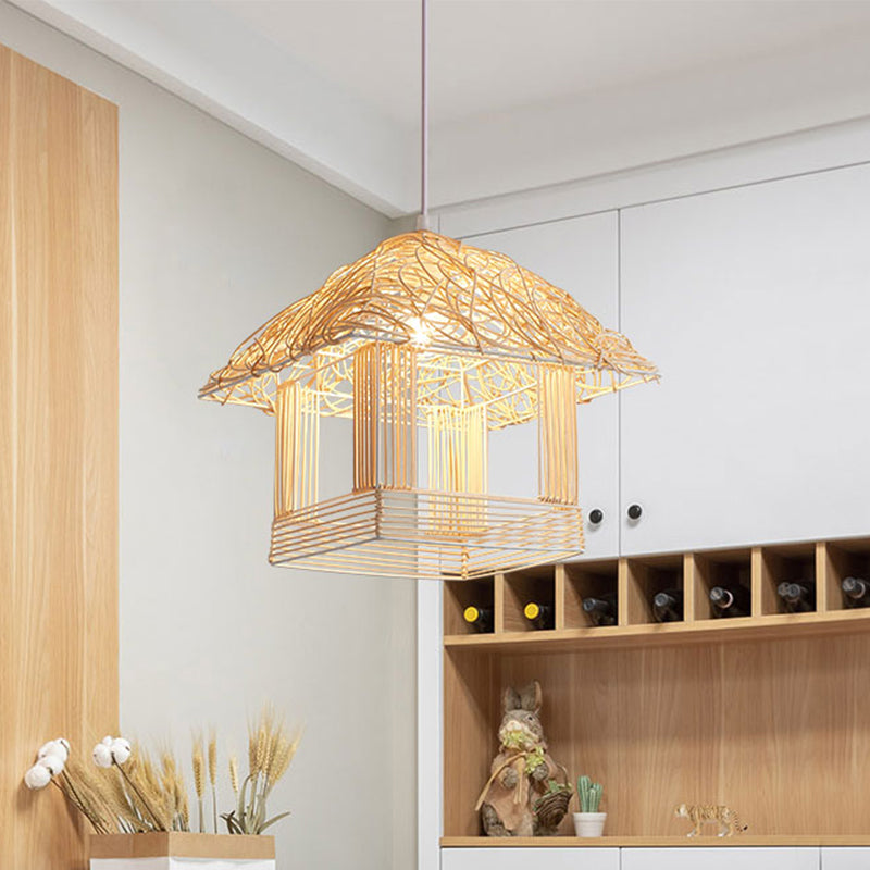 1-Bulb Asian Pendant Light With Bamboo Shade - Beige House Suspended Fixture