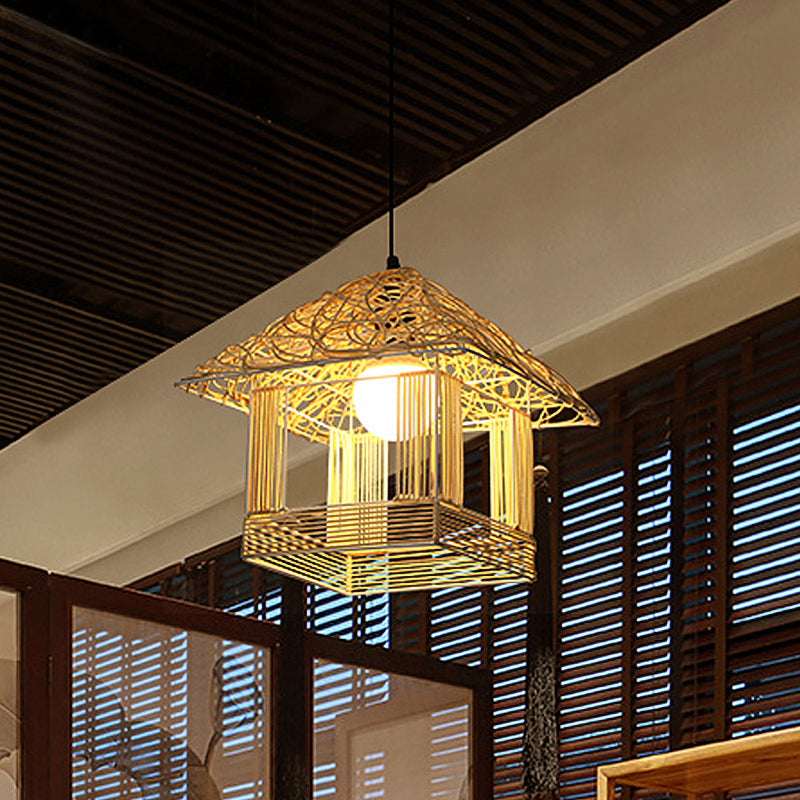 Bamboo Pendant Lamp - Chinese Style Hanging Ceiling Light For Teahouse With White Shade