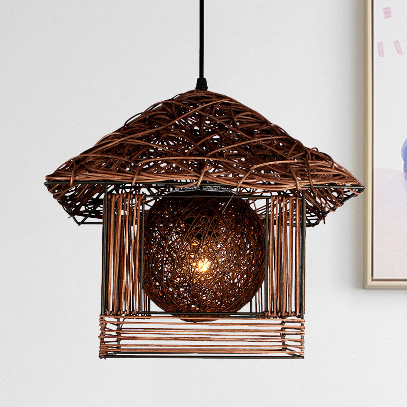 Handcrafted Bamboo Ceiling Lamp - 12/16 Wide Beige/Coffee Pendant Lighting Fixture