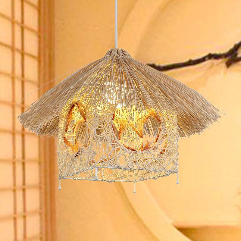 Asia Beige Hanging Lamp With House Bamboo Shade - Living Room Pendant Light