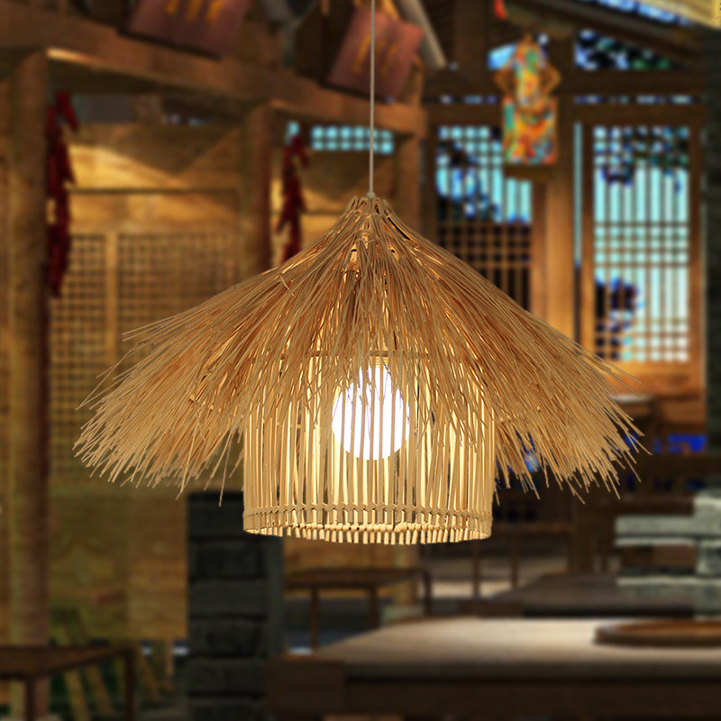 Handcrafted Asian Bamboo Pendant Light Fixture In Coffee/Flaxen Shade Flaxen