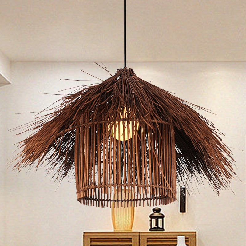 Handcrafted Asian Bamboo Pendant Light Fixture In Coffee/Flaxen Shade
