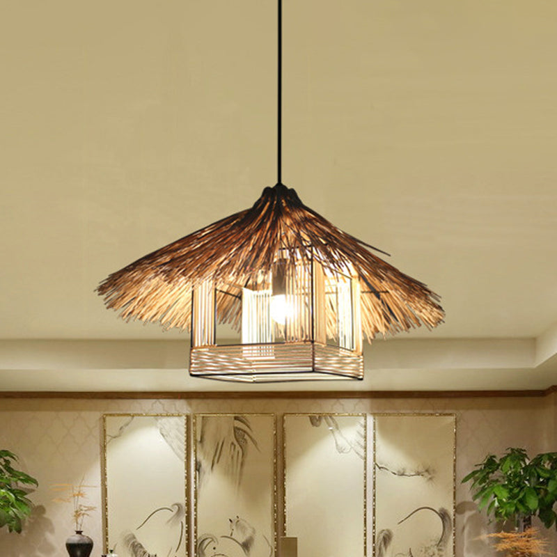 Chinese Bamboo Hanging Ceiling Lamp For Dining Room - Beige 1-Head Light Fixture