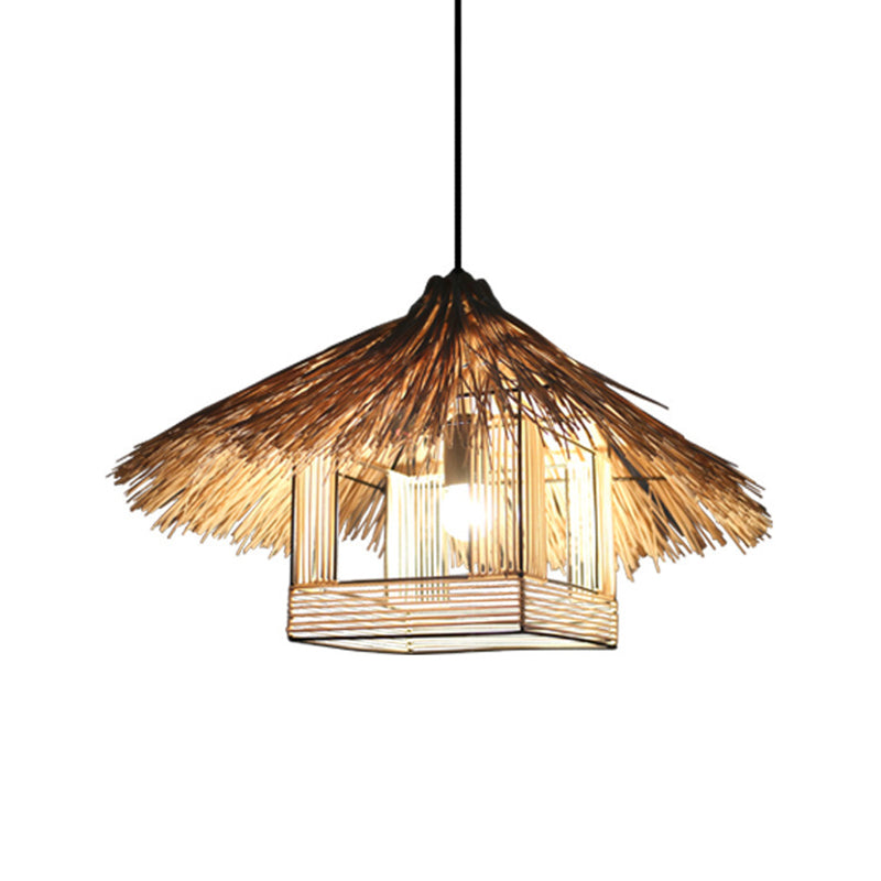 Chinese Bamboo Hanging Ceiling Lamp For Dining Room - Beige 1-Head Light Fixture