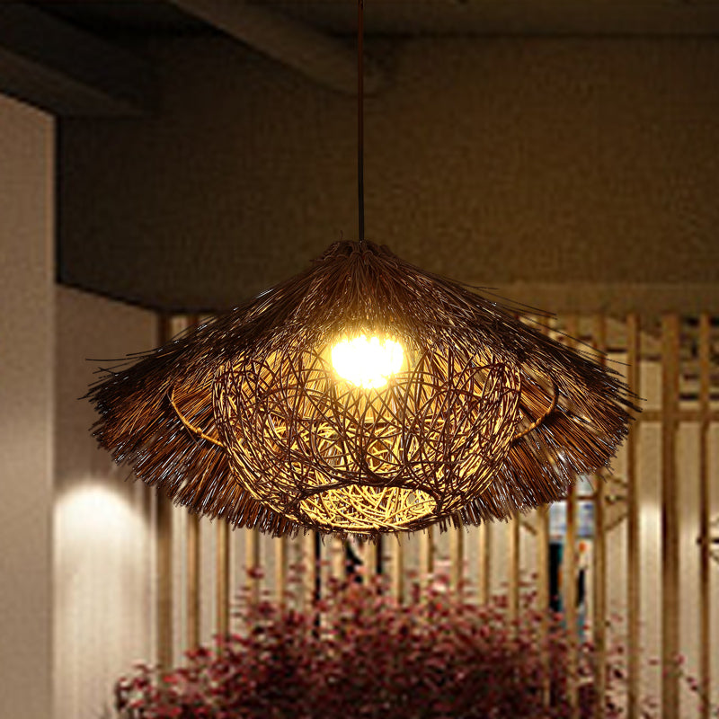 Chinese Rattan Tapered Hanging Light With Coffee Finish - 1 Head Suspended Lighting Fixture Multiple