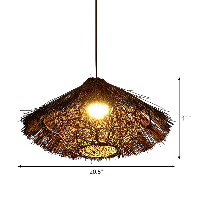 Chinese Rattan Tapered Hanging Light With Coffee Finish - 1 Head Suspended Lighting Fixture Multiple