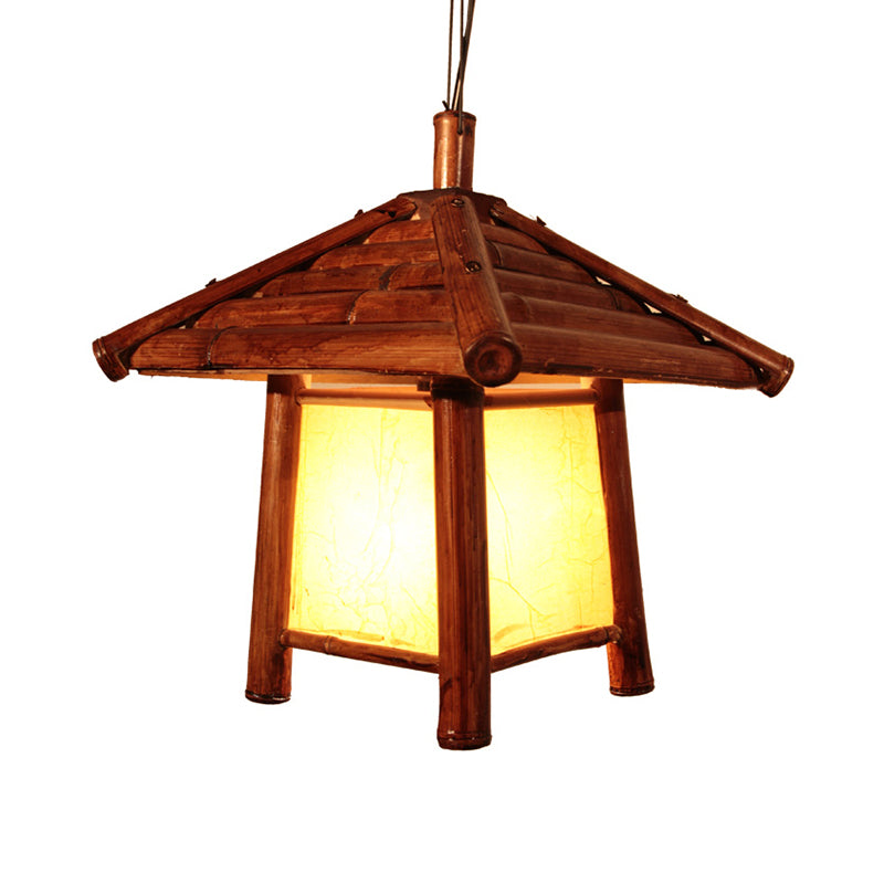 Asian Brown Pendant Light With Tower Wood Shade - 1 Bulb Restaurant Ceiling Lighting Fixture