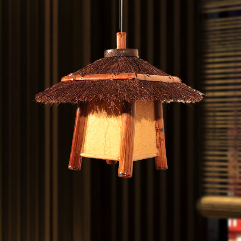 Japanese Handcrafted Pendant Wood Lamp - Brown Ceiling Suspension Light With 1 Bulb