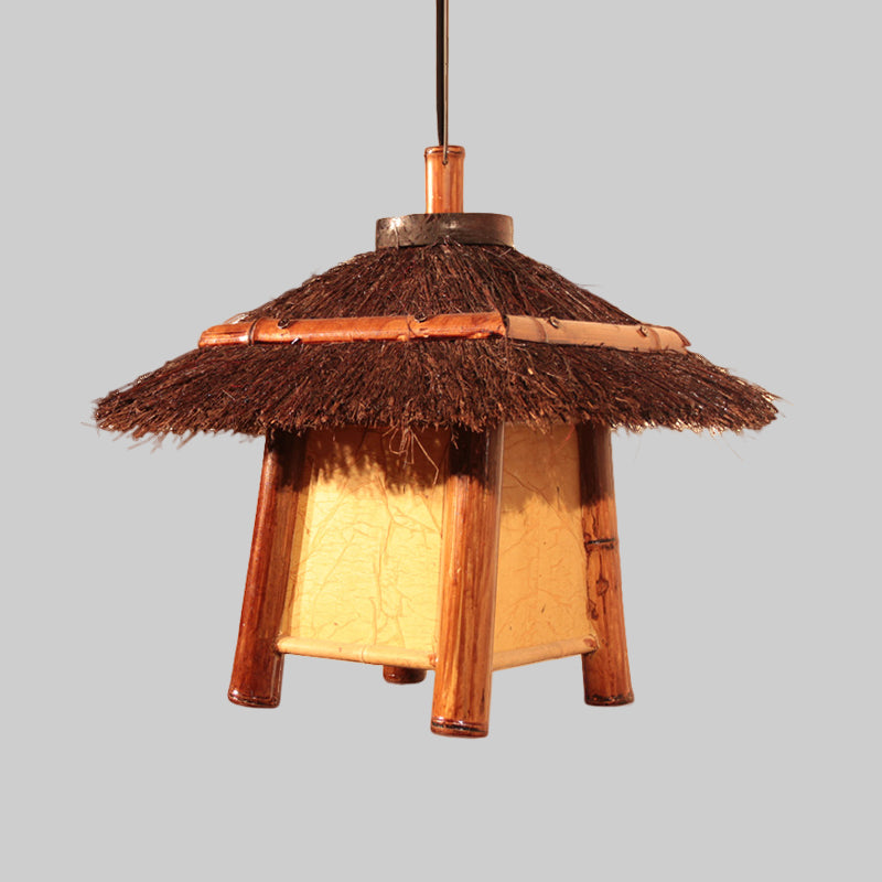 Japanese Handcrafted Pendant Wood Lamp - Brown Ceiling Suspension Light With 1 Bulb