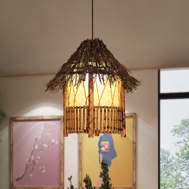 Handcrafted Chinese Wood Pendant Light In Brown