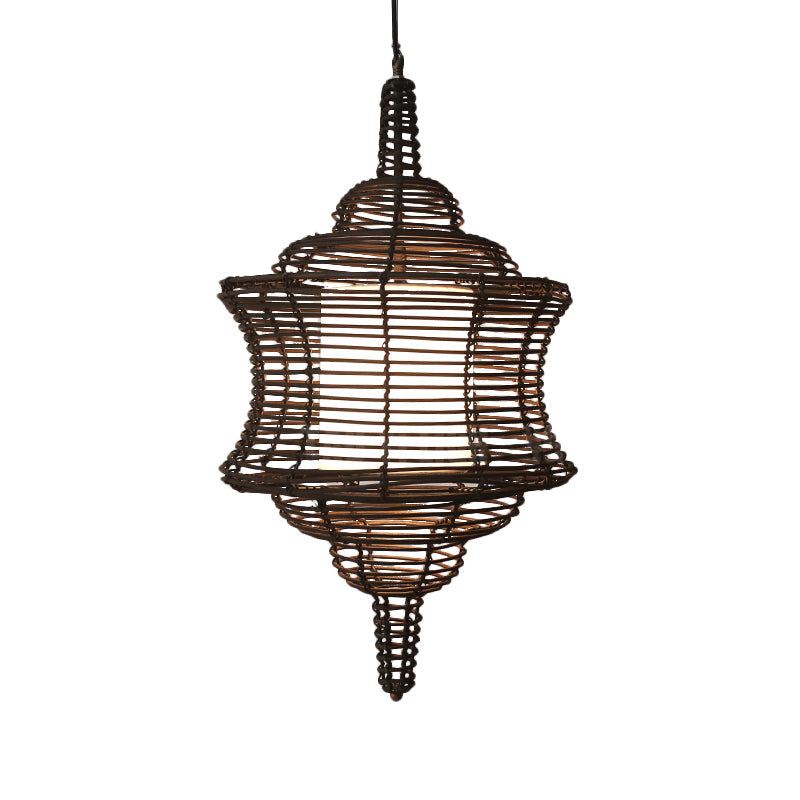 Curvy Asia Rattan Ceiling Lamp - Coffee Hanging Pendant Light With White Inner Shade
