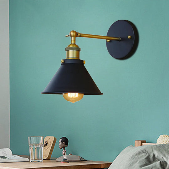 Industrial Style Brass Metal Wall Sconce 1 Light Conical Mounted Lamp For Living Room 7/10 Width