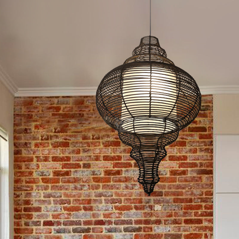 1-Bulb Chinese Ceiling Lamp With Coffee Gourd Design And Rattan Shade