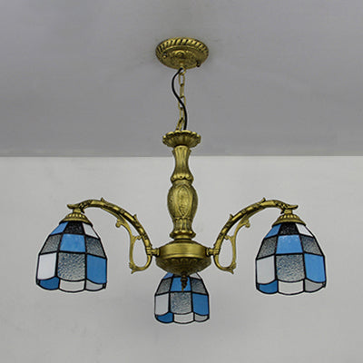 Vintage Adjustable Chain Brass Dome Chandelier Light with 3 Lights in Multi-Colored Tones