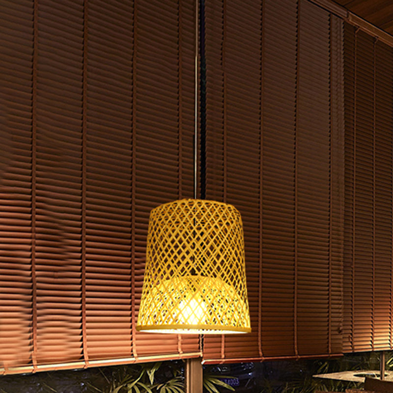 Asian Bamboo Ceiling Lamp 1 Head Beige Pendant Light Fixture For Restaurants