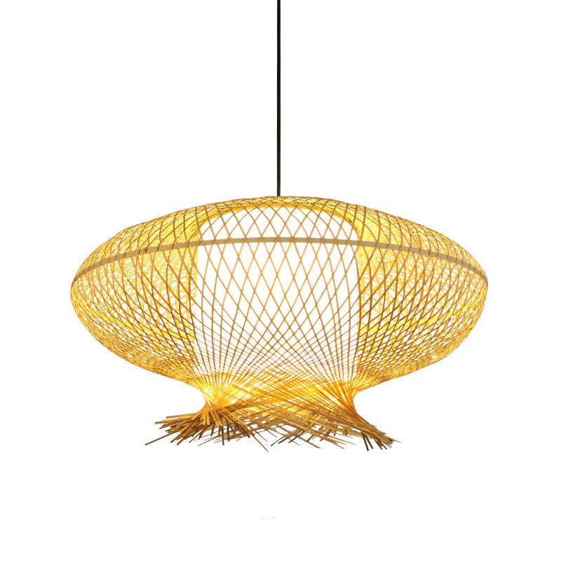 Asia Bamboo Oval Pendant Lamp - Khaki Ceiling Hanging Light With White Inner Cylinder Shade