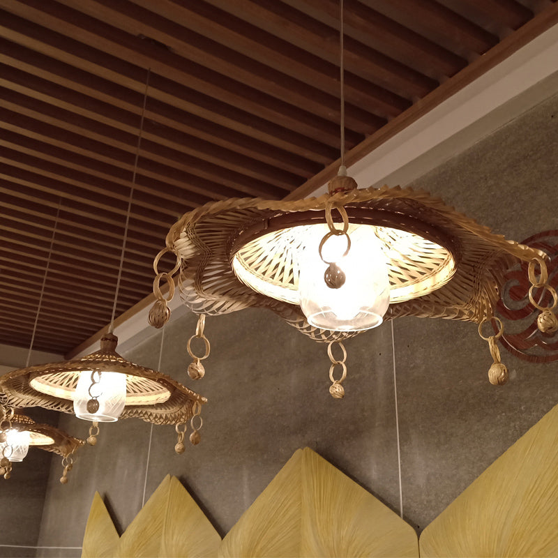 Bamboo Shade Pendant Light: Chinese Down Lighting In Khaki With Wide Flare Design