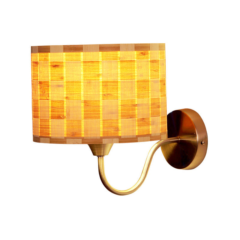 Chinese Style Wood Drum Wall Lighting: Beige Sconce Light Fixture With Metal Curved Arm