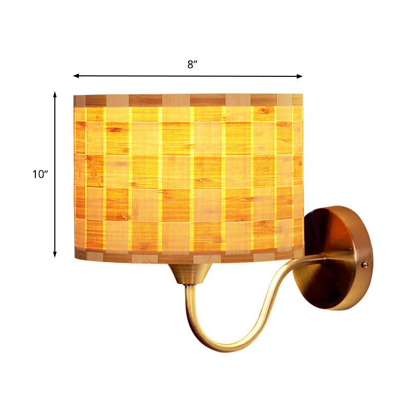 Chinese Style Wood Drum Wall Lighting: Beige Sconce Light Fixture With Metal Curved Arm