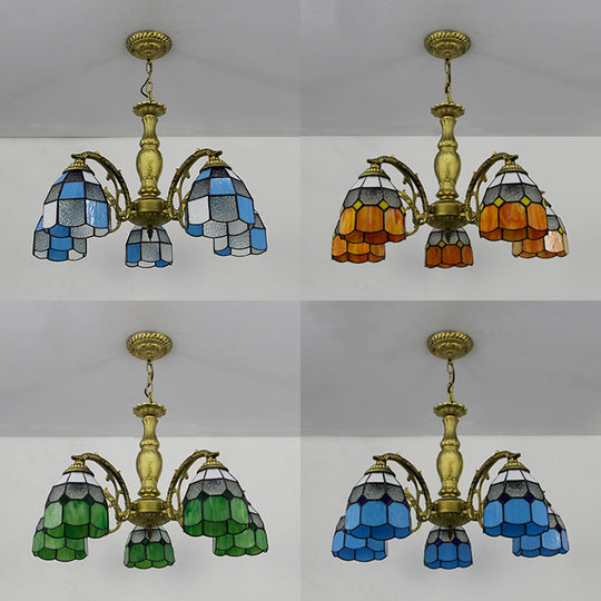 5-Light Dome Stained Glass Chandelier Lamp Adjustable Tiffany Style Pendant Light For Foyer