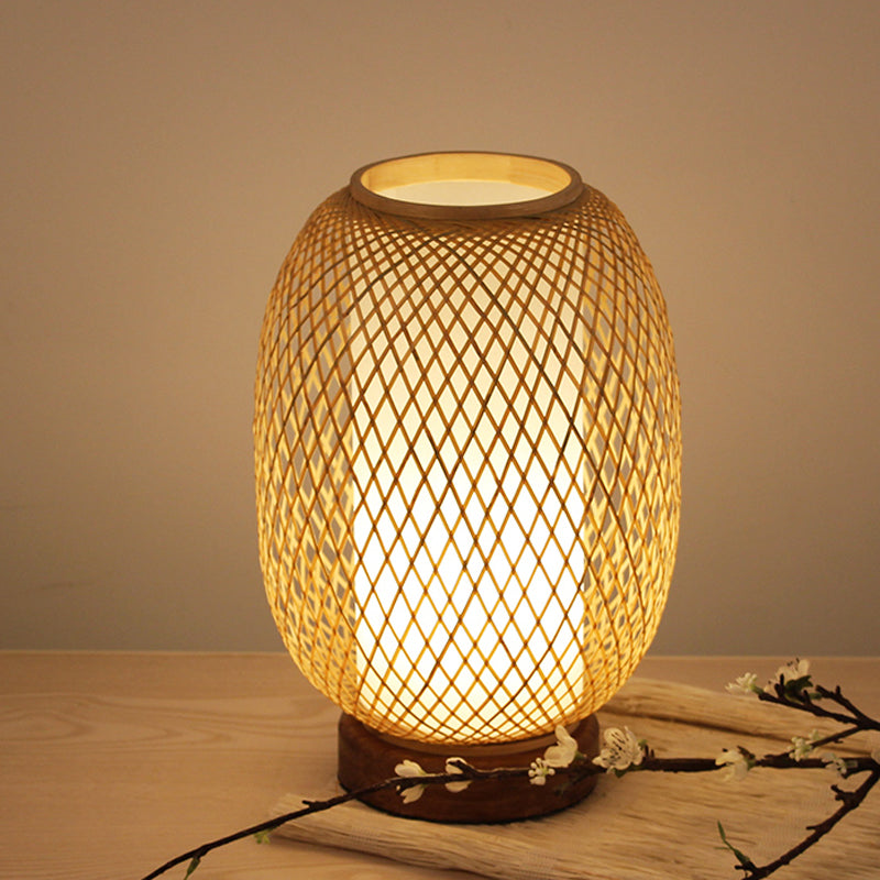 Japanese Bamboo Lantern Desk Lamp - Beige 1-Head Task Light With Circular Wood Base