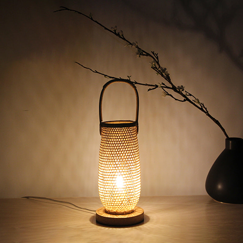 Japanese Bamboo Basket Desk Lamp With Circle Wood Base - Beige 1 Head Task Lighting