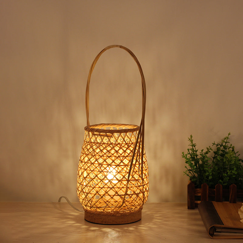 Bamboo Lantern 1-Head Flaxen Small Desk Lamp With Curved Arm - Chinese Task Lighting