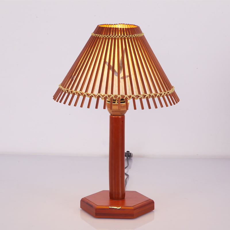 Trumpet Bamboo Desk Lamp - Asian-Inspired Task Lighting With Hexagon Wood Base Red Brown